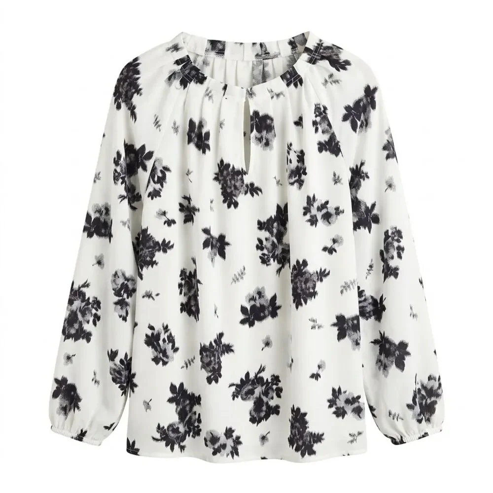 Ann Taylor XXL White Black Watercolor Floral Pleated Neck Long Sleeve Blouse